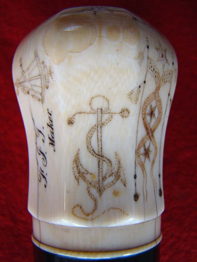 A RARE and beautiful 19th century American presentation walking stick with an eight sided scrimshawed ivory knob and a spiral twist entwined rope pattern dark rosewood shaft. — image 7